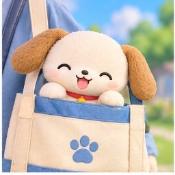 Chibimaru peeking happily out of a canvas tote bag on an outing
