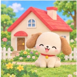 Chibimaru sitting in front of his cozy small red-roof home