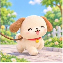 Chibimaru happily bounding along a stone path on an outdoor walk