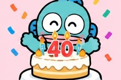 Hangyodon celebrating with a 40th anniversary cake and confetti