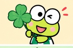 Keroppi holding a lucky four-leaf clover