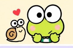Keroppi sitting happily next to Den Den the snail