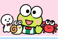 Keroppi with friends Teruteru, Den Den, and Kamekame