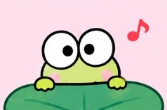 Keroppi peeking cheerfully over a green leaf