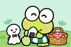 Keroppi having a picnic with onigiri and a basket