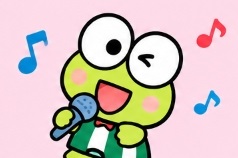Keroppi singing joyfully with a microphone