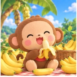 Osaru no Monkichi enjoying sweet yellow bananas in a sunny countryside orchard