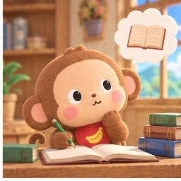 Osaru no Monkichi holding a writing brush and composing poetry under a tree