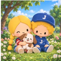 Patty and Jimmy sitting together outdoors holding a puppy plush in sunny daylight
