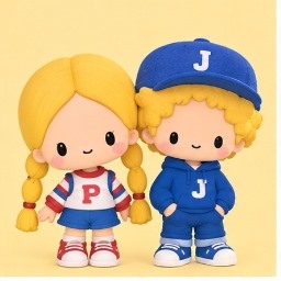 Patty and Jimmy standing side by side in red and blue outfits