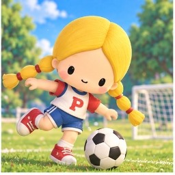 Patty kicking a soccer ball enthusiastically on a green sports field