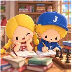 Patty and Jimmy sitting together at a wooden study desk with books and a chessboard