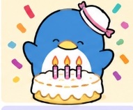 Tuxedosam celebrating with an anniversary cake, candles, and confetti