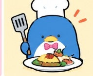 Tuxedosam dressed as a chef presenting gourmet seafood