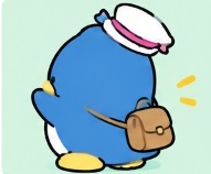 Tuxedosam walking proudly with a leather satchel bag
