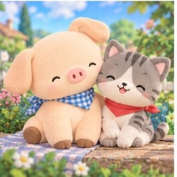 Zashikibuta and Tabby sitting side by side in a flower meadow