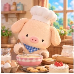 Zashikibuta wearing a chef hat and whisking batter in a mixing bowl
