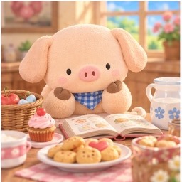 Zashikibuta studying a recipe book surrounded by freshly baked cookies and cupcakes