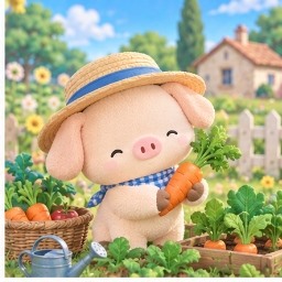 Zashikibuta in a straw hat holding a fresh garden carrot